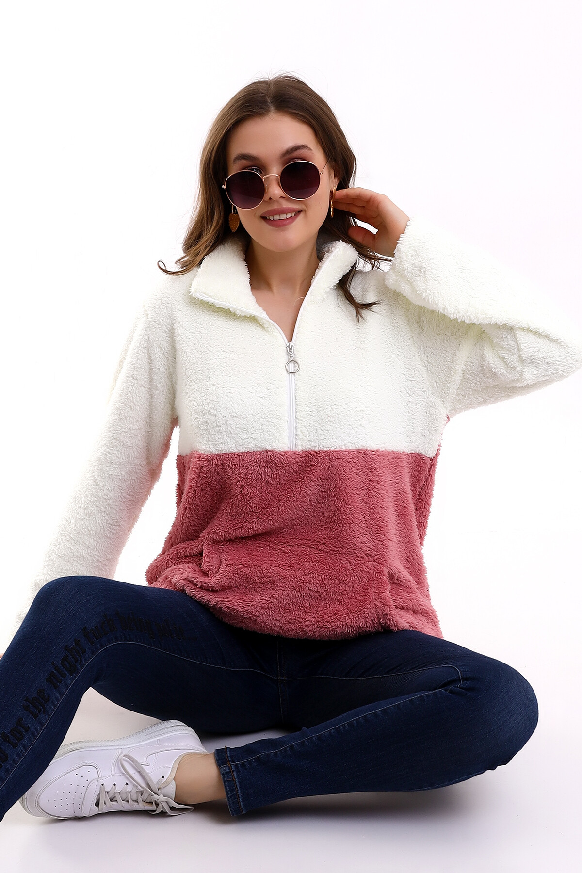 Bloklu Yarım Fermuar Polar Sweatshirt