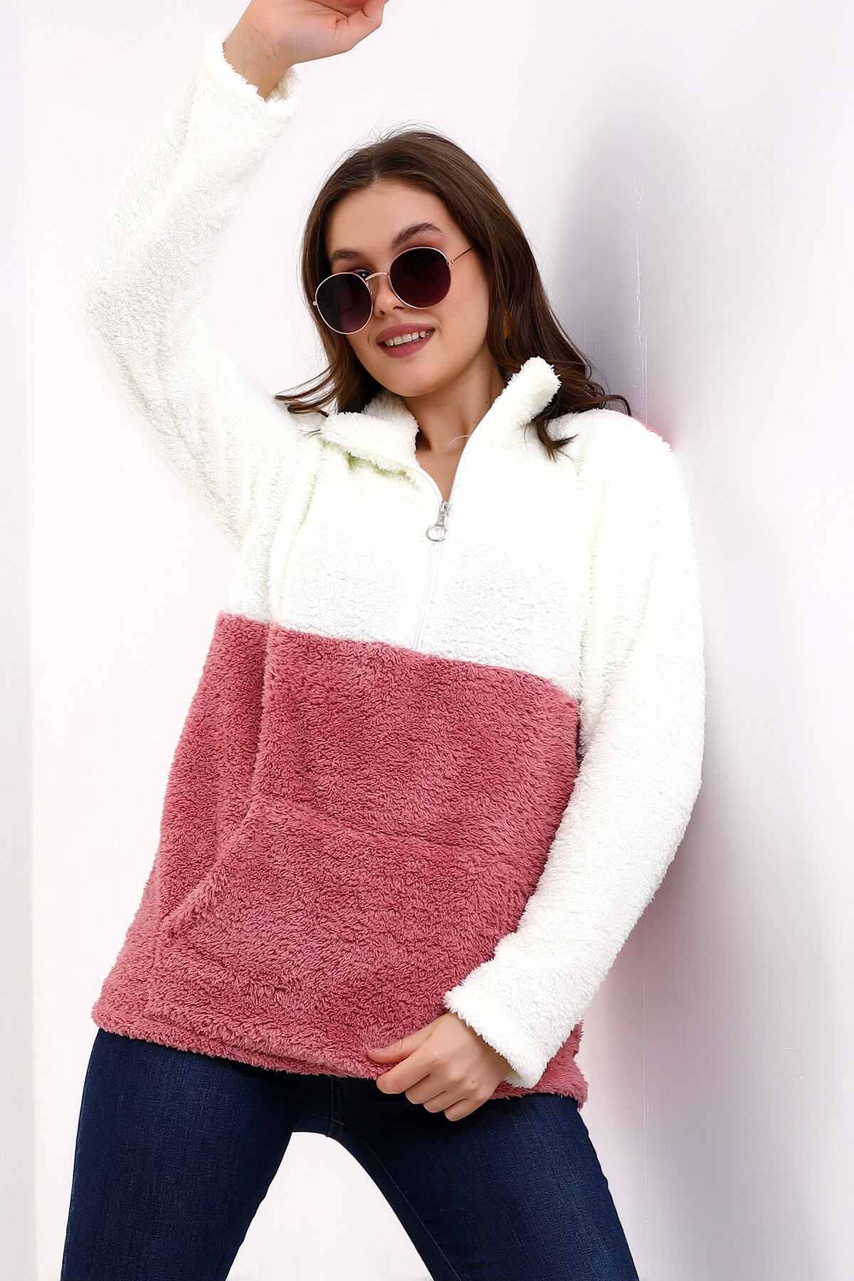 Bloklu Yarım Fermuar Polar Sweatshirt