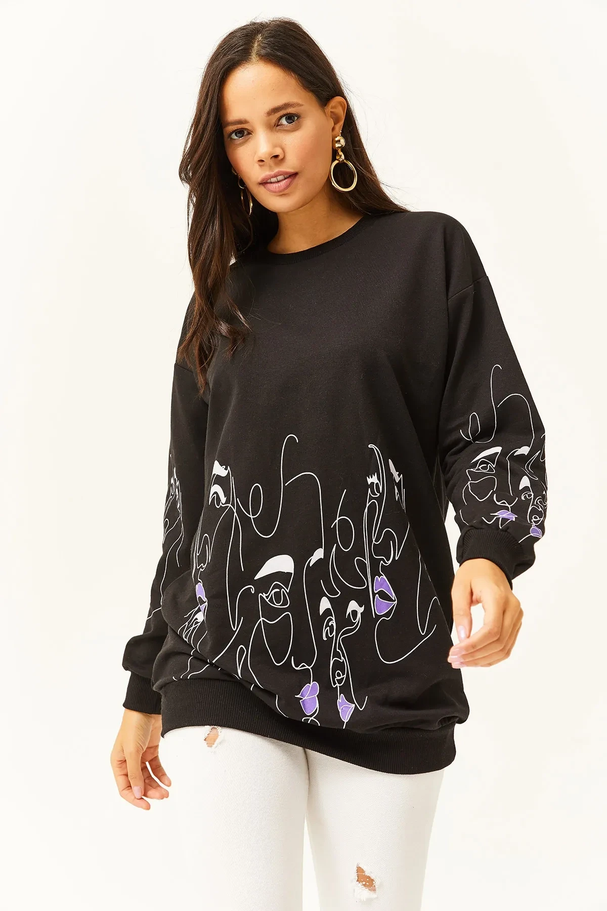 Kadın Siyah Yüz Figürlü Oversize Sweatshirt