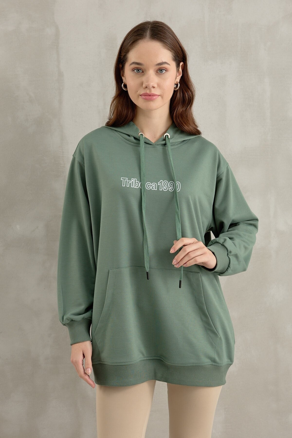 Baskı Detaylı Kanguru Sweatshirt Yeşil