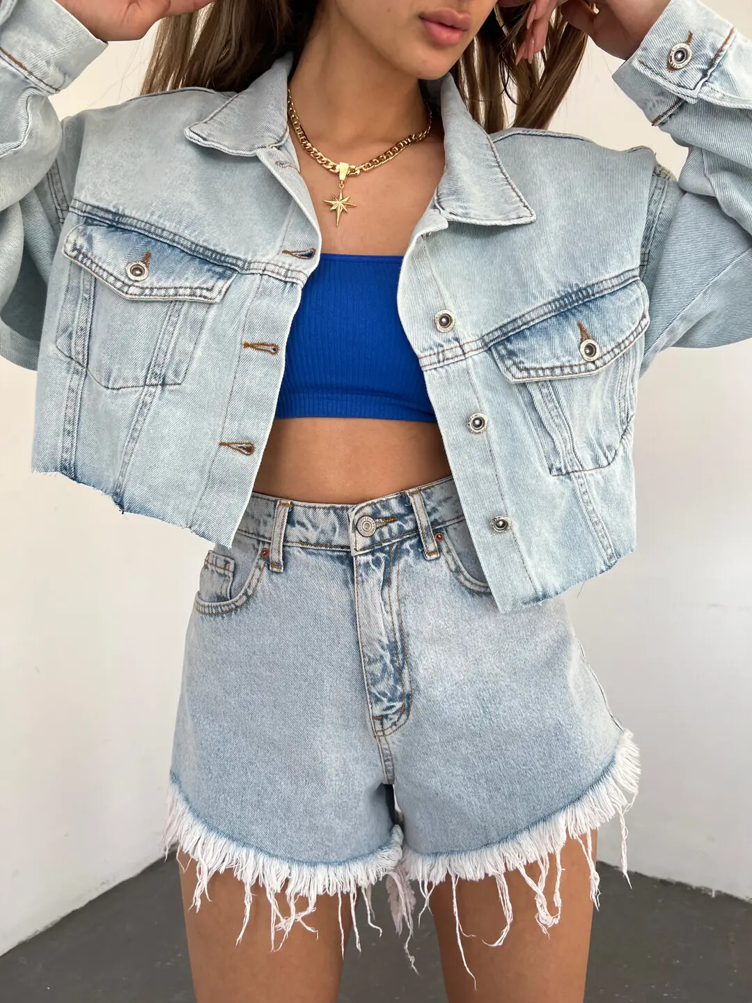 Çift Cepli Yıkamalı Crop Denim Ceket Mavi