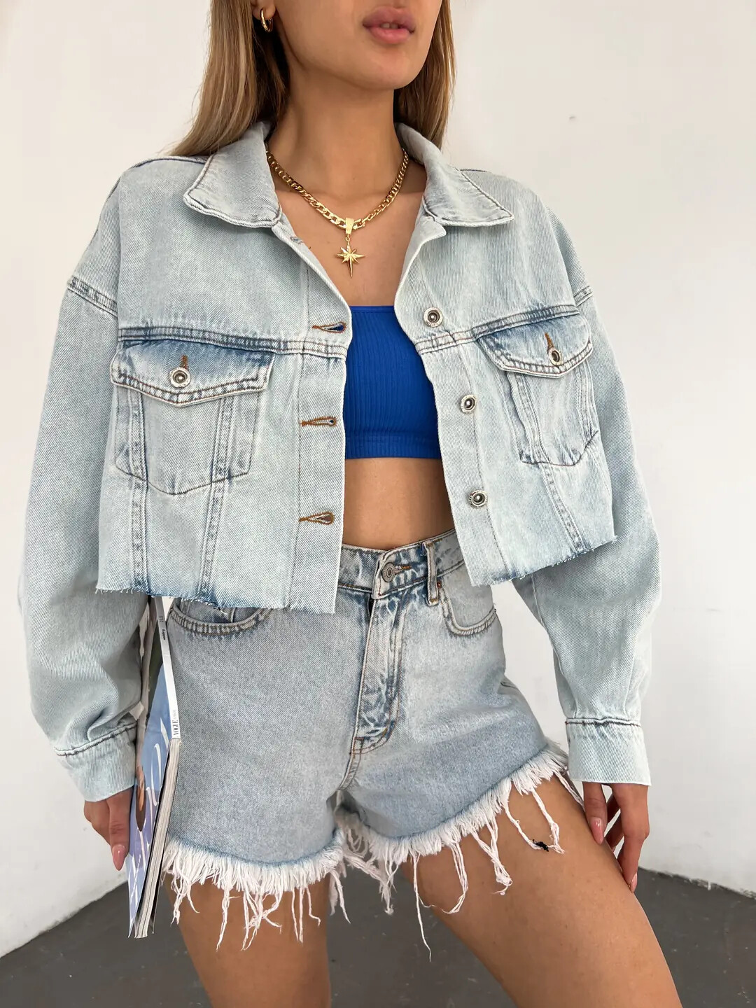 Çift Cepli Yıkamalı Crop Denim Ceket Mavi