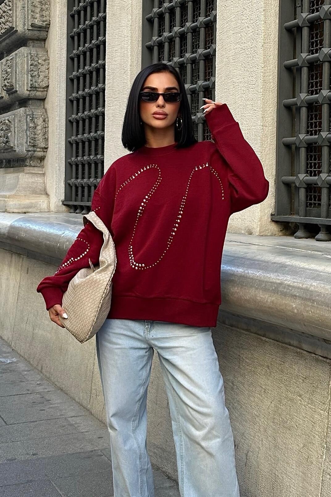 Gümüş Taşlı Sweatshirt Bordo