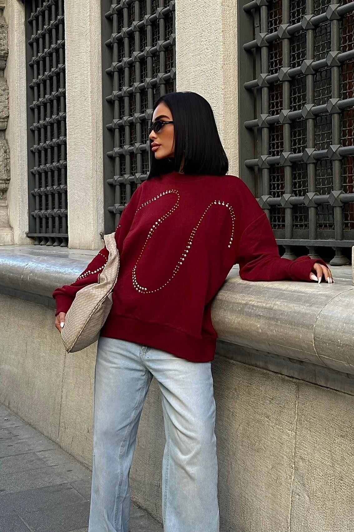 Gümüş Taşlı Sweatshirt Bordo