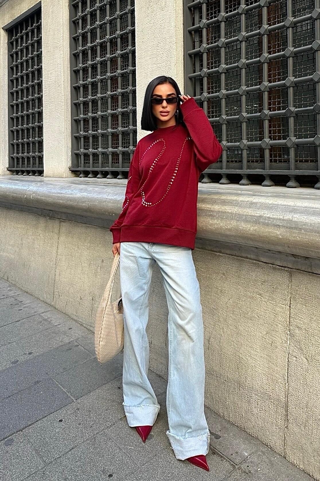 Gümüş Taşlı Sweatshirt Bordo