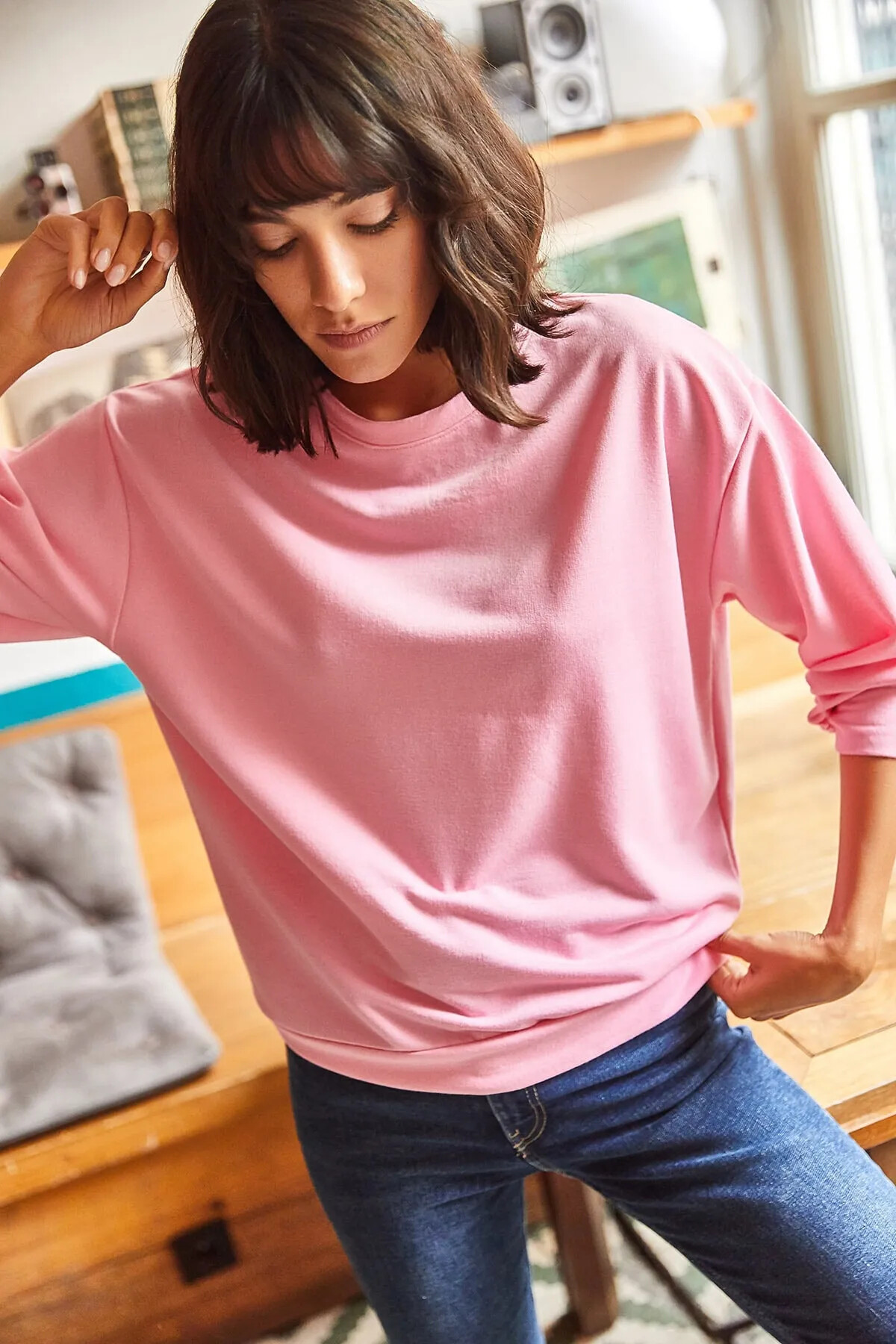 Pembe Basic Yumuşak Dokulu Salaş Sweatshirt