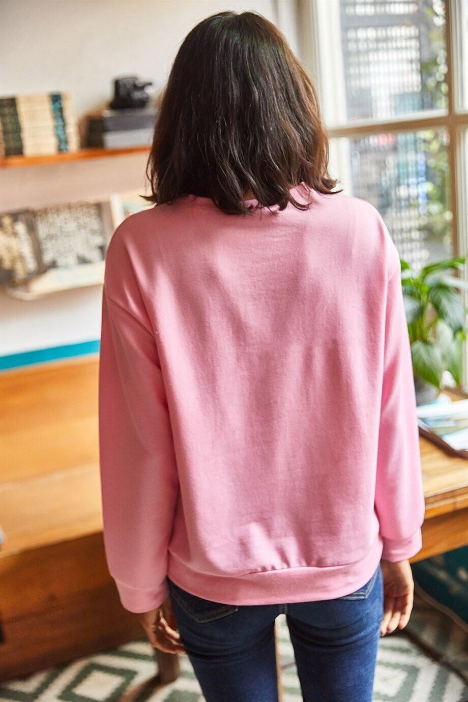 Pembe Basic Yumuşak Dokulu Salaş Sweatshirt