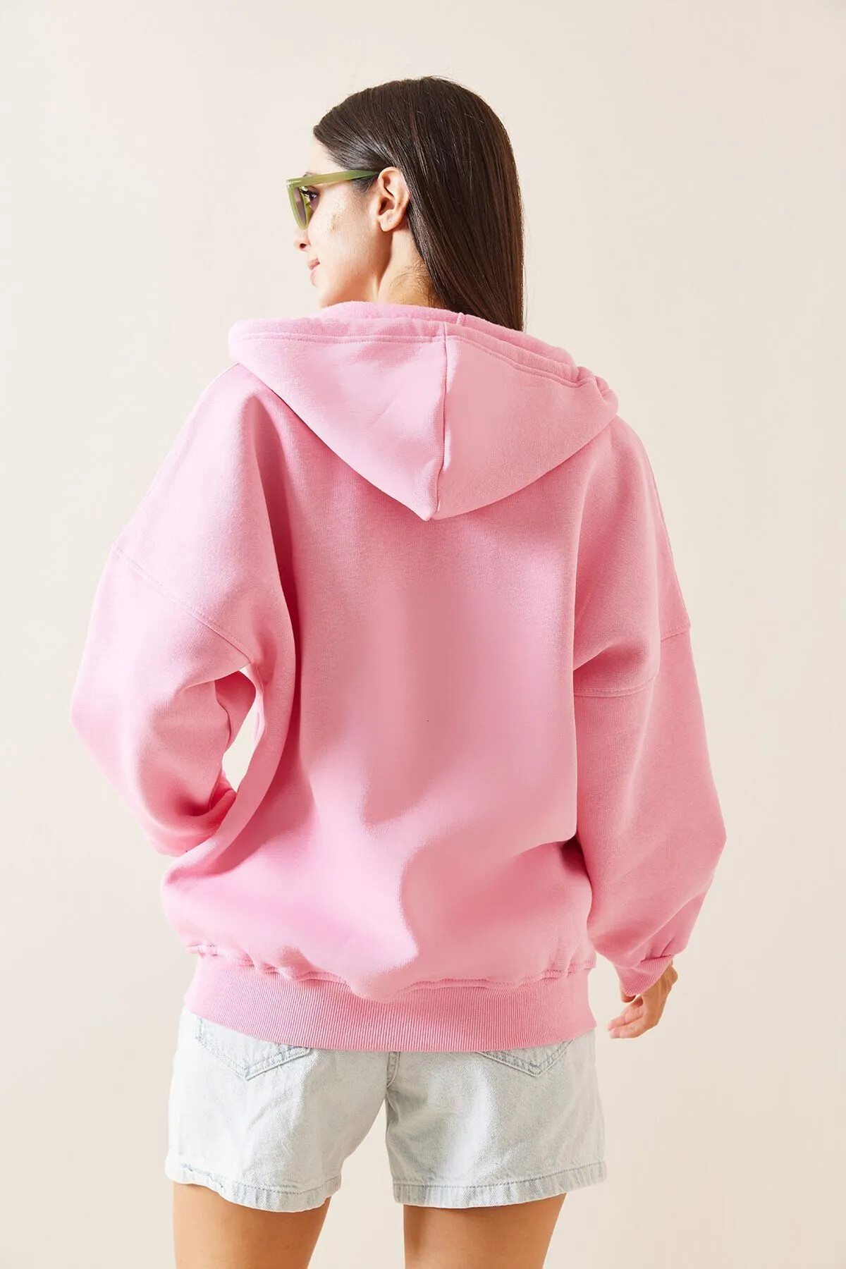 Pudra Kapüşonlu Fermuarlı Oversize Sweatshirt