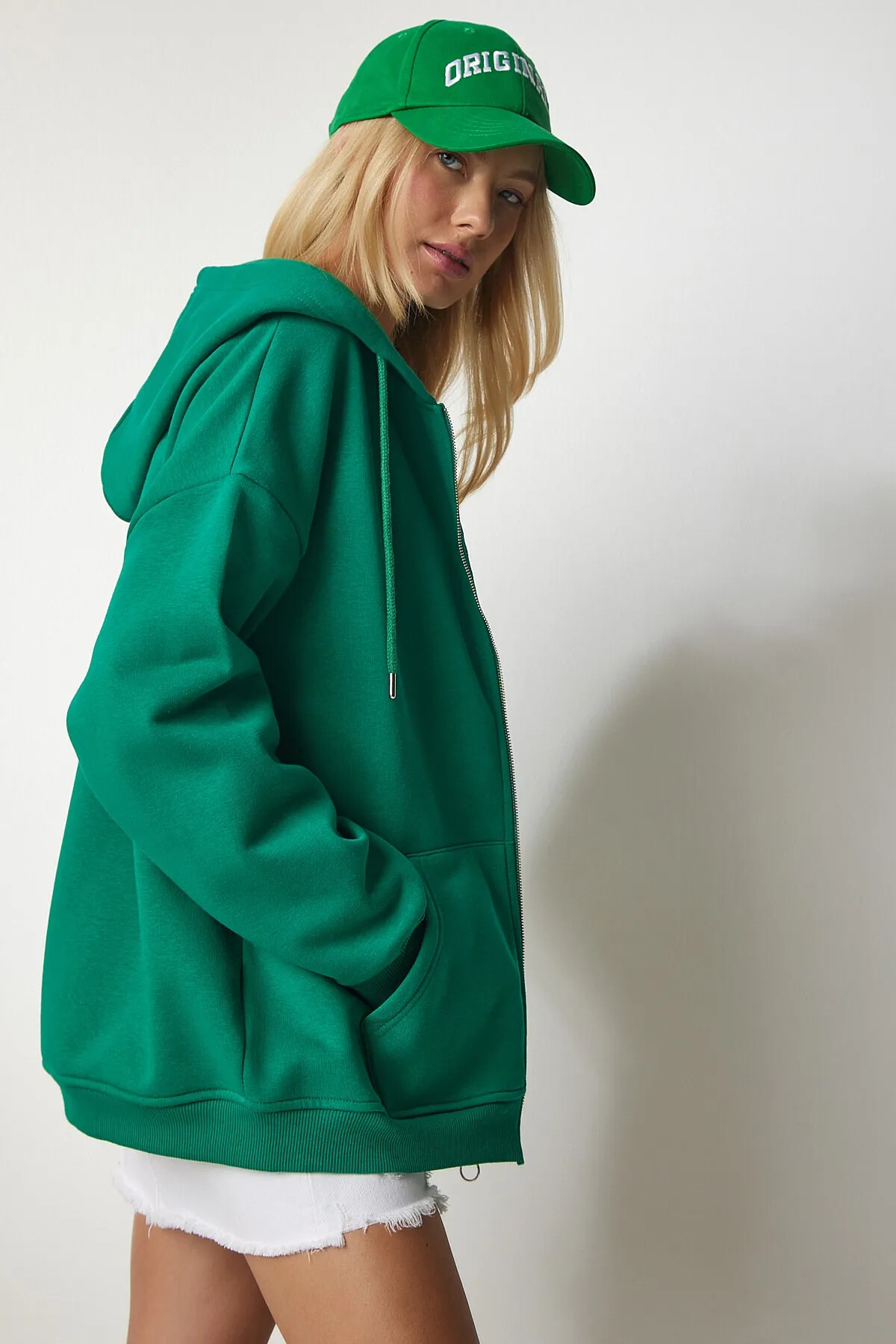 Yeşil Kapüşonlu Fermuarlı Oversize Sweatshirt