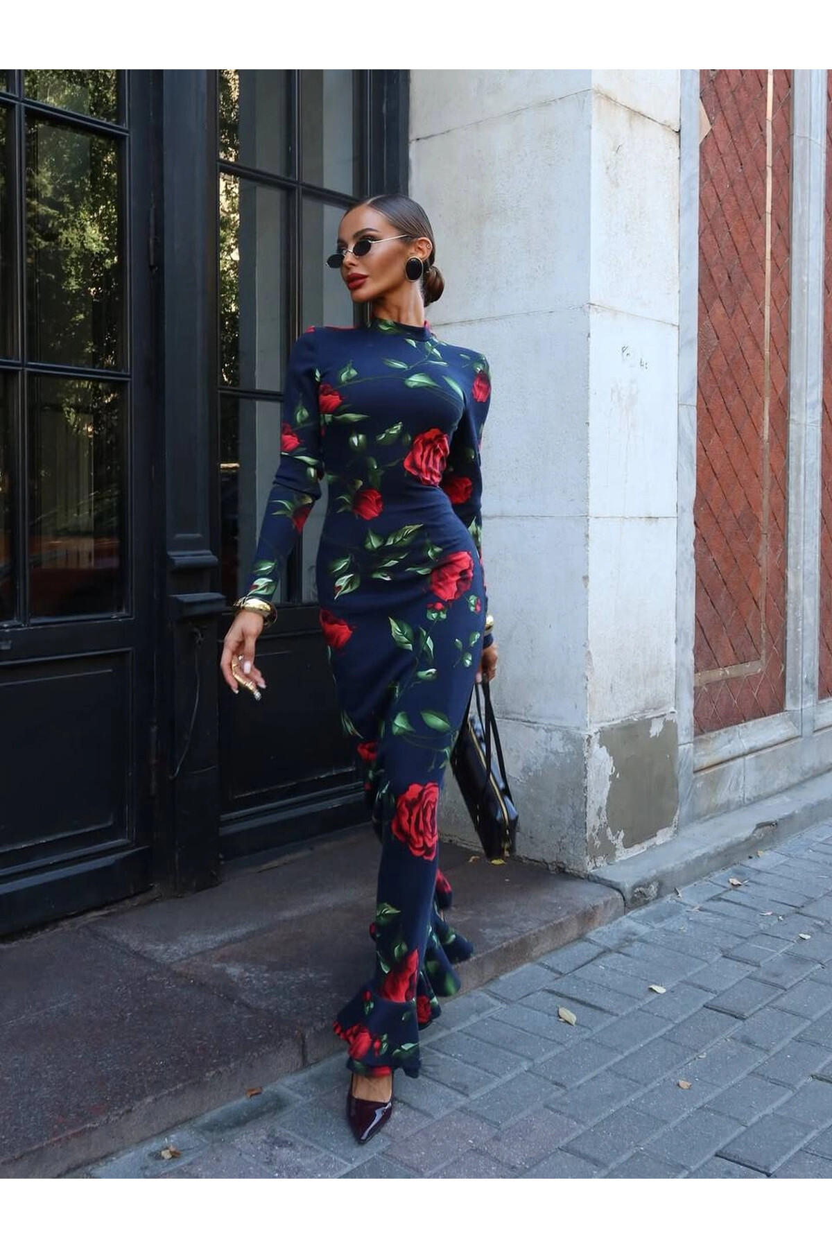 Balıkçı Yaka Desenli Maxi Boy Elbise