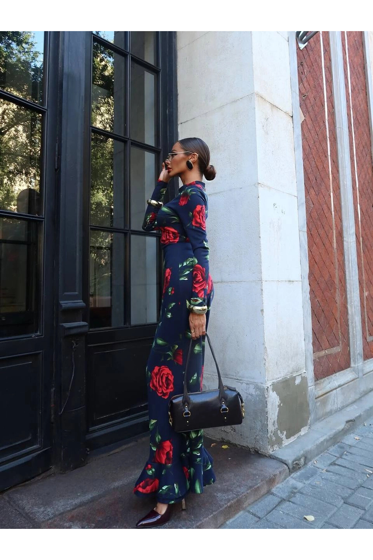 Balıkçı Yaka Desenli Maxi Boy Elbise