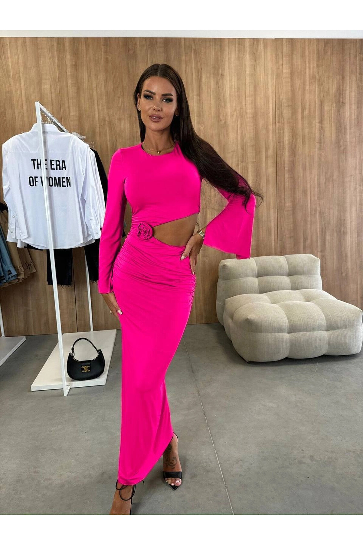 Çiçek Aksesuar Drapeli Maxi Boy Elbise Fuşya