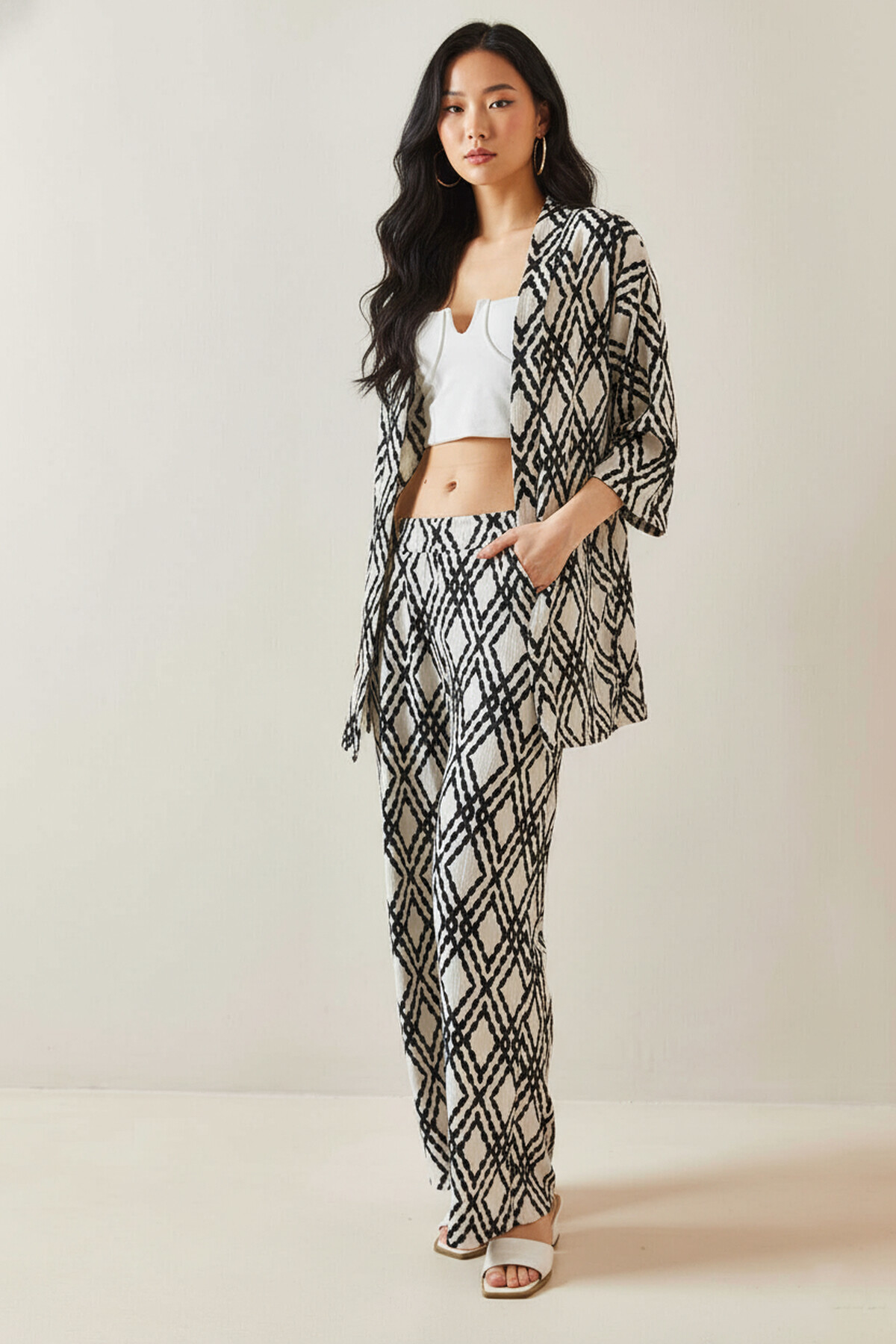Etnik Desen Kimono Pantalon Takım