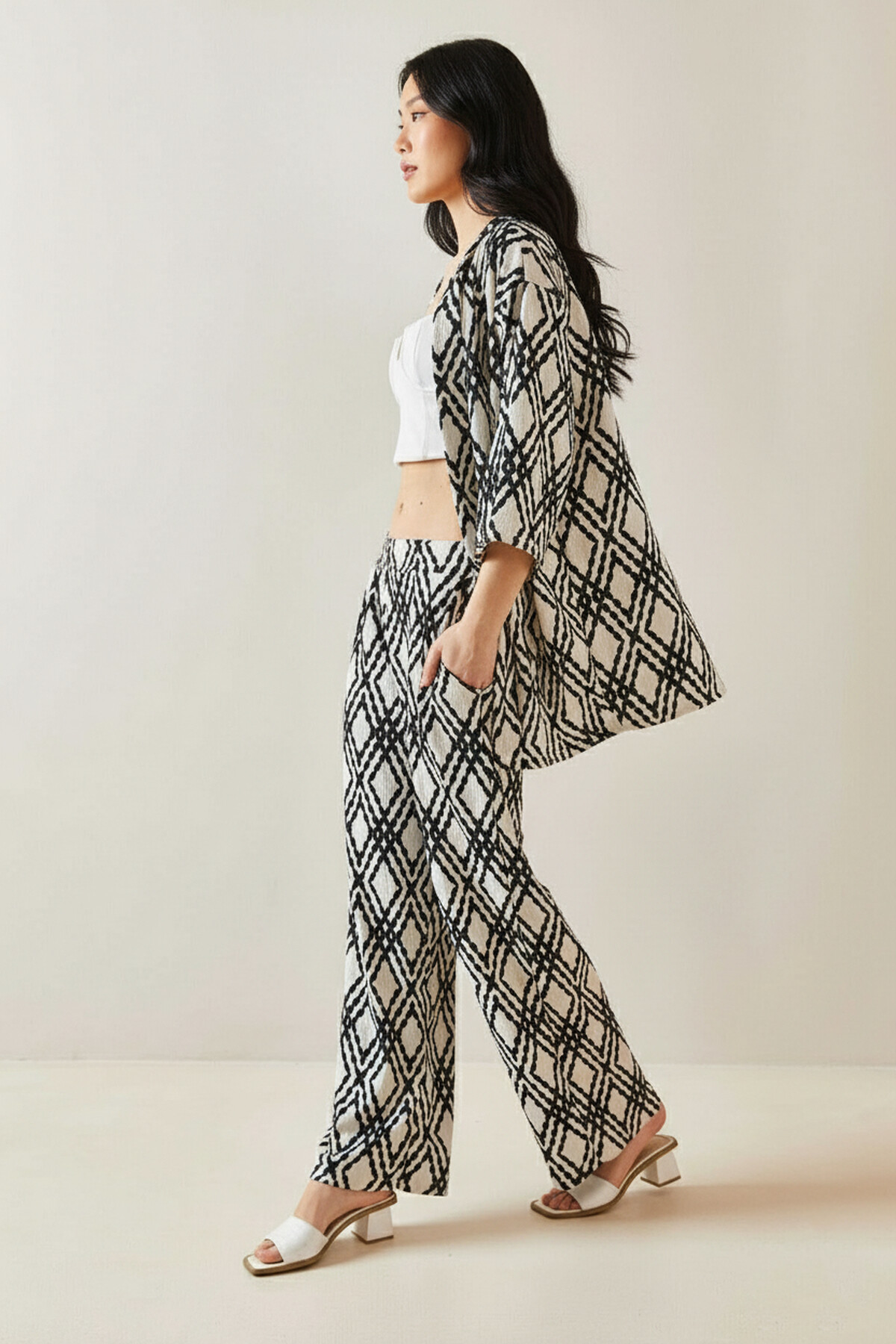 Etnik Desen Kimono Pantalon Takım