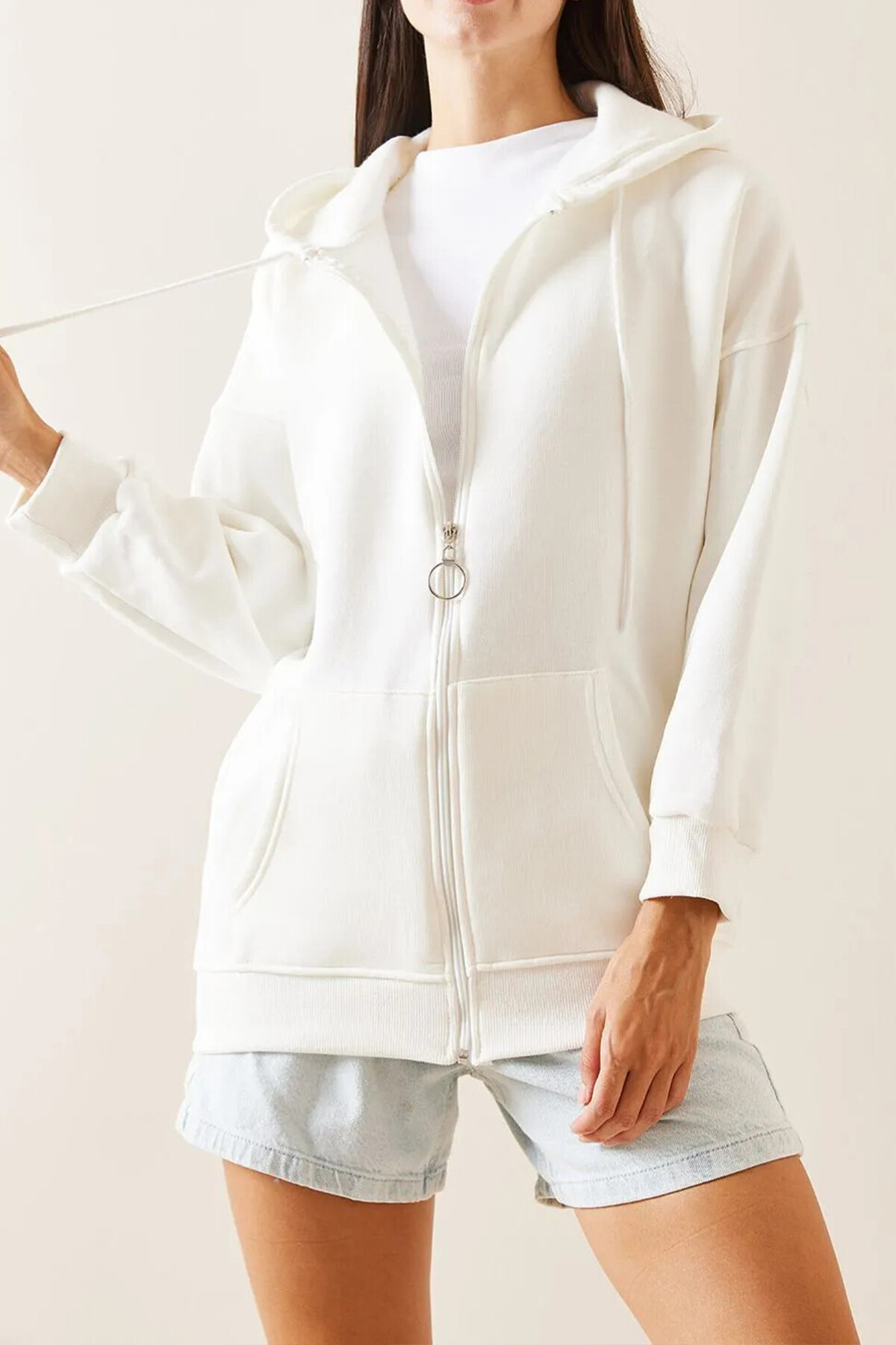 Fermuarlı Oversize Sweatshirt Beyaz