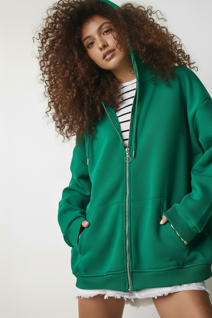 Fermuarlı Oversize Sweatshirt Yeşil