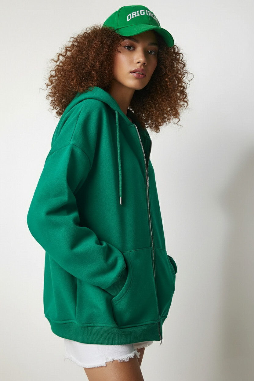 Fermuarlı Oversize Sweatshirt Yeşil