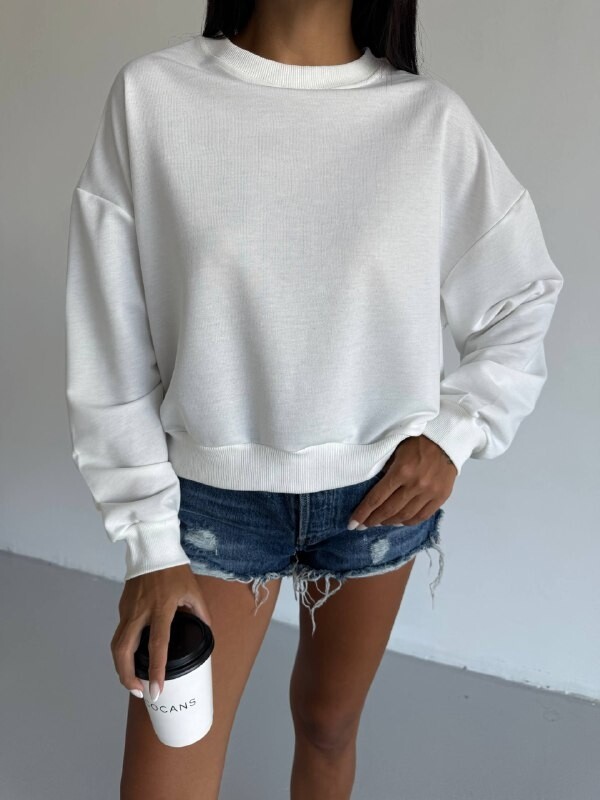İki İplik Bisiklet Yaka Beyaz Sweatshirt