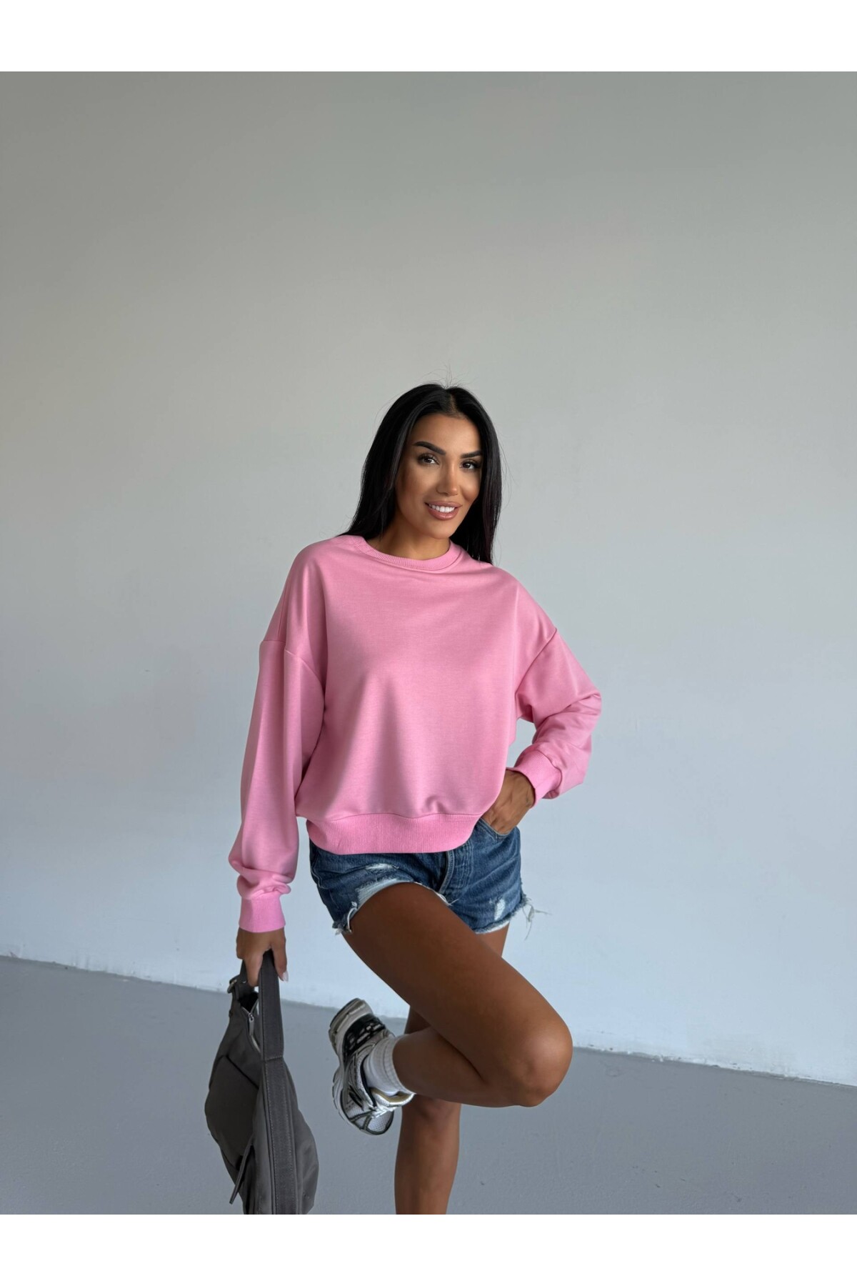 İki İplik Bisiklet Yaka Pudra Sweatshirt