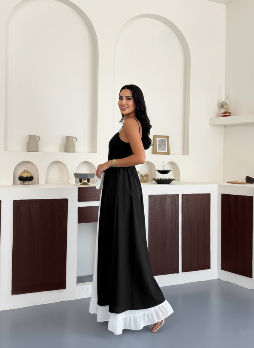 İthal Krep Kumaş Tasarım Elbise Siyah
