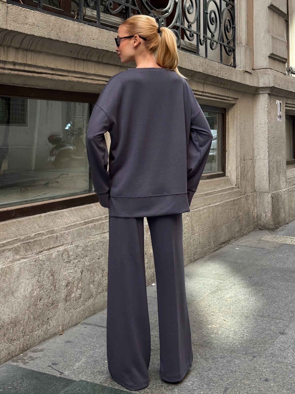 Modal Kumaş Gri Oversize Sweat İkili Takım