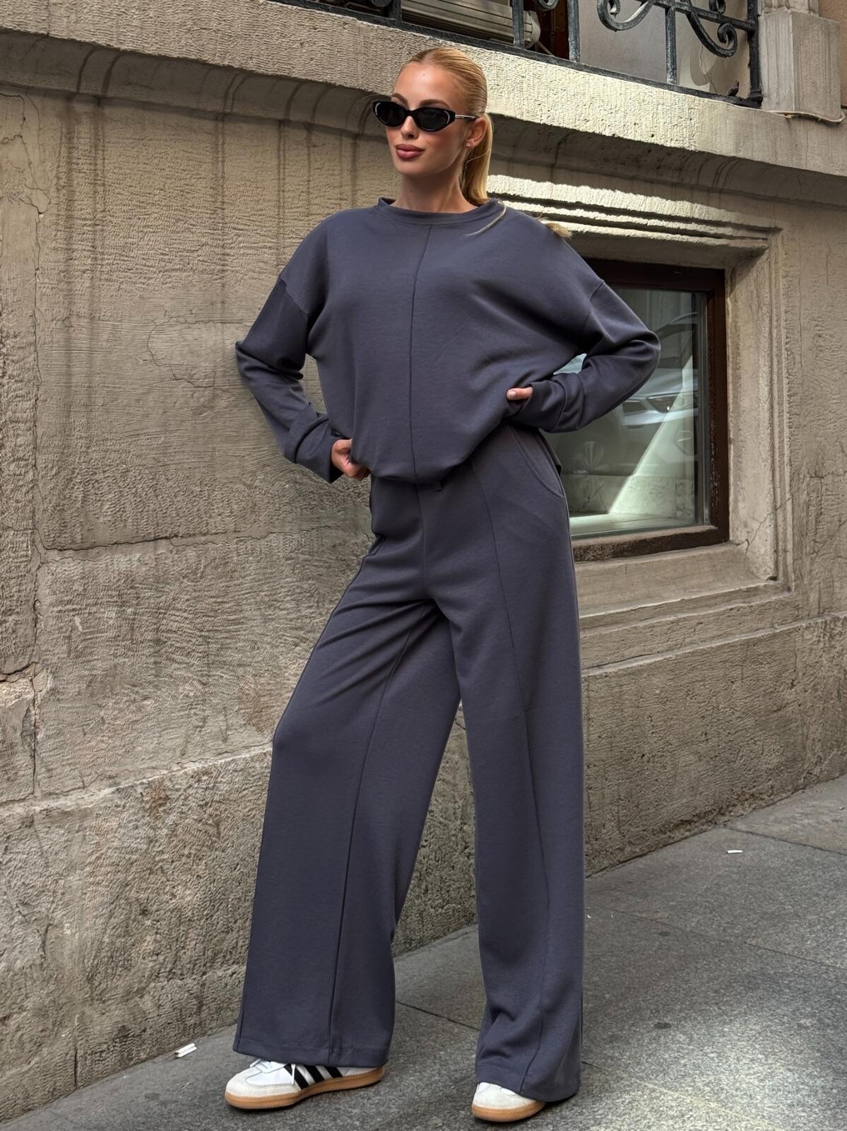 Modal Kumaş Gri Oversize Sweat İkili Takım