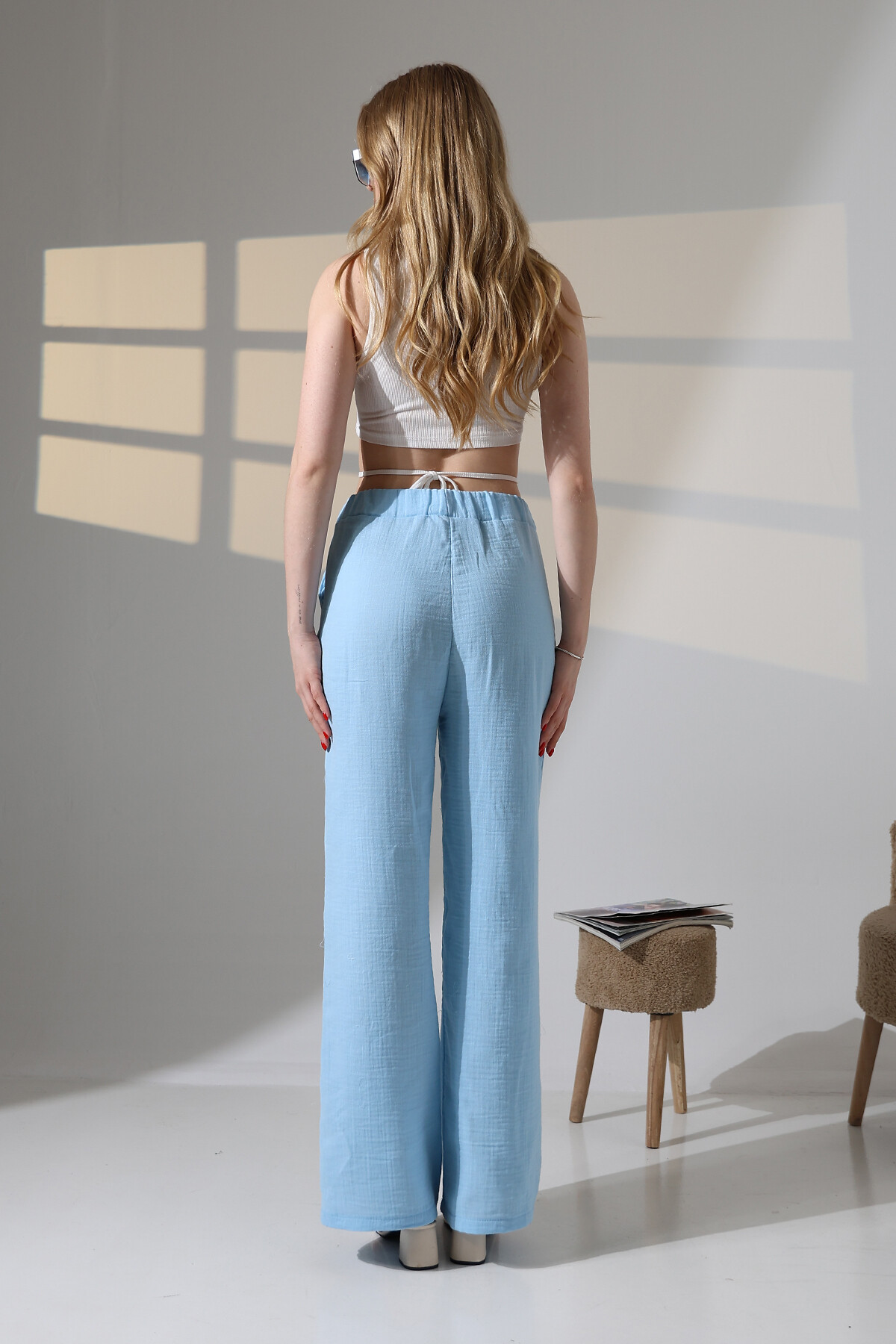 Müslin Kumaş Bol Paça Pantalon Ekru