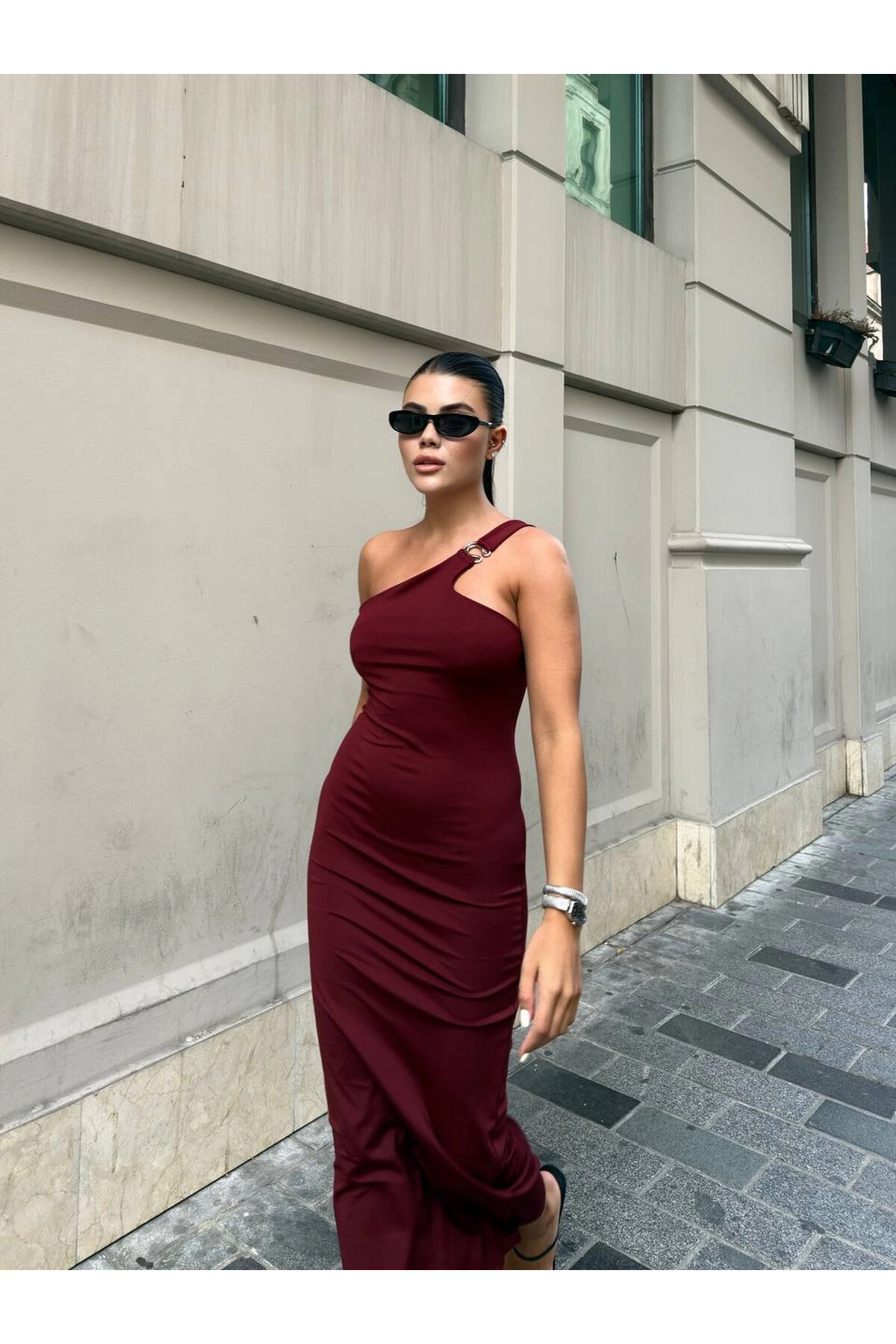 Omuz Detay Bordo Maxi Elbise