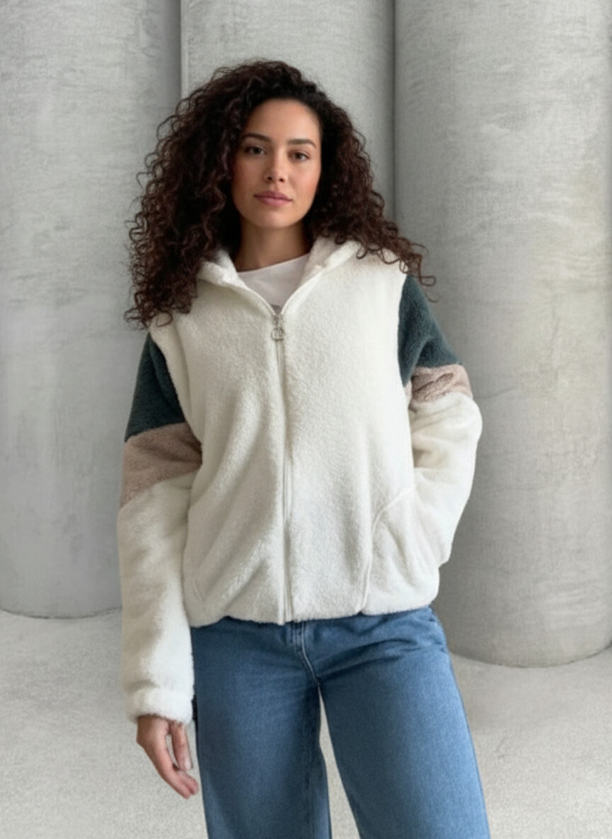 Renk Bloklu Bomber Polar Peluş Sweatshirt