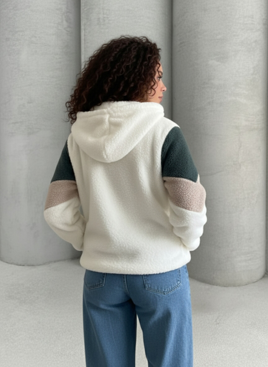 Renk Bloklu Bomber Polar Peluş Sweatshirt