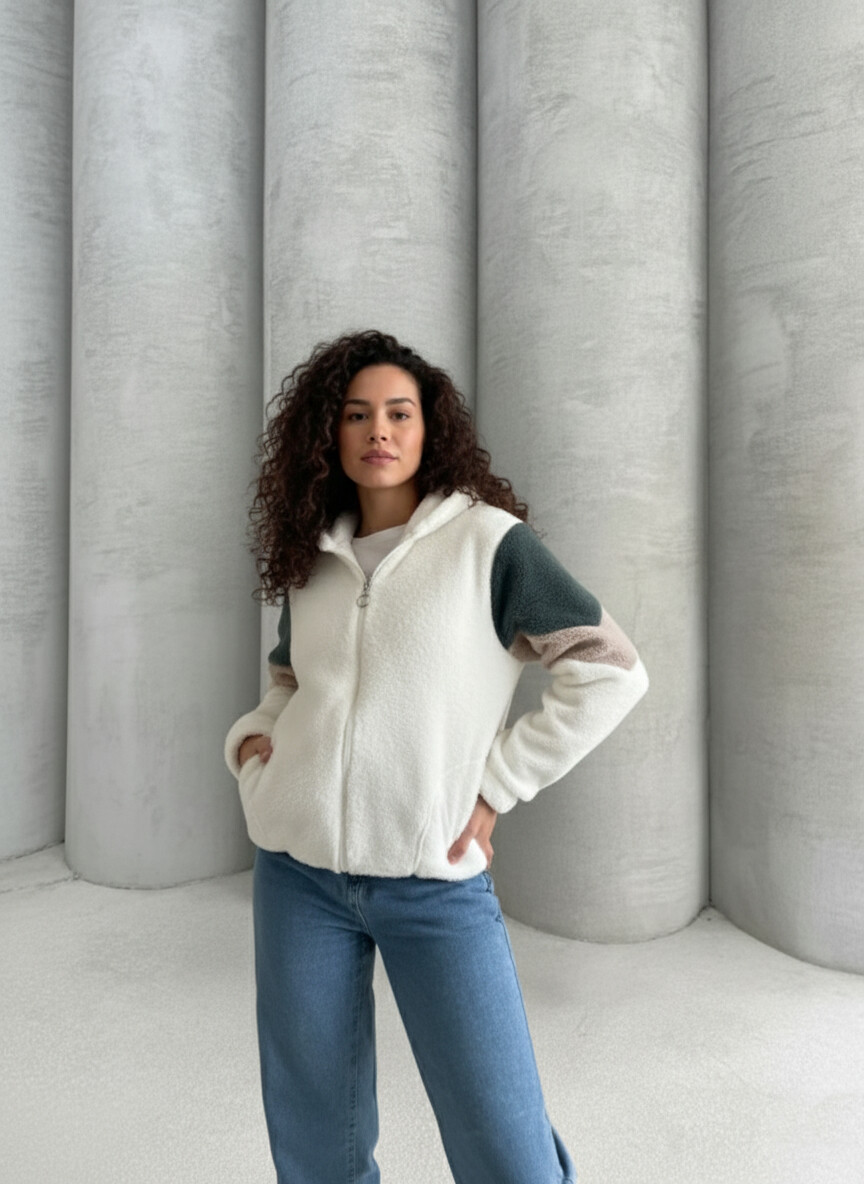 Renk Bloklu Bomber Polar Peluş Sweatshirt