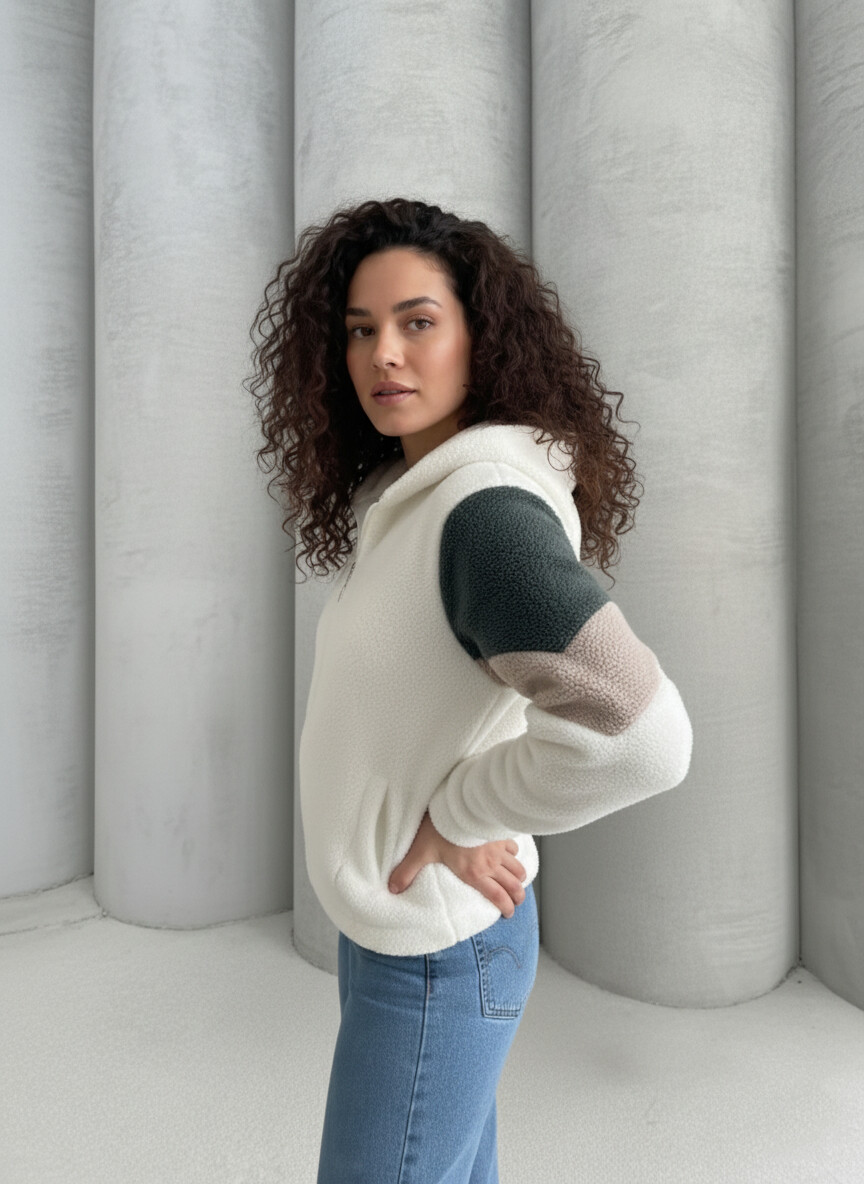 Renk Bloklu Bomber Polar Peluş Sweatshirt