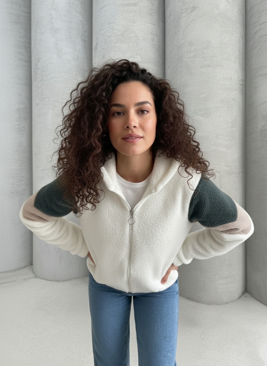 Renk Bloklu Bomber Polar Peluş Sweatshirt