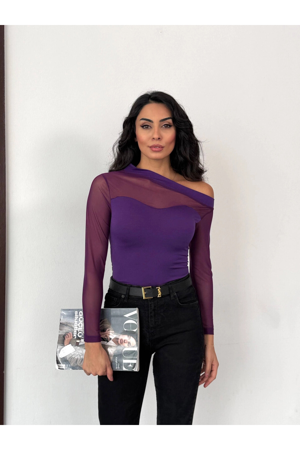 Sandy Kumaş Tül Detay Bluz Mor