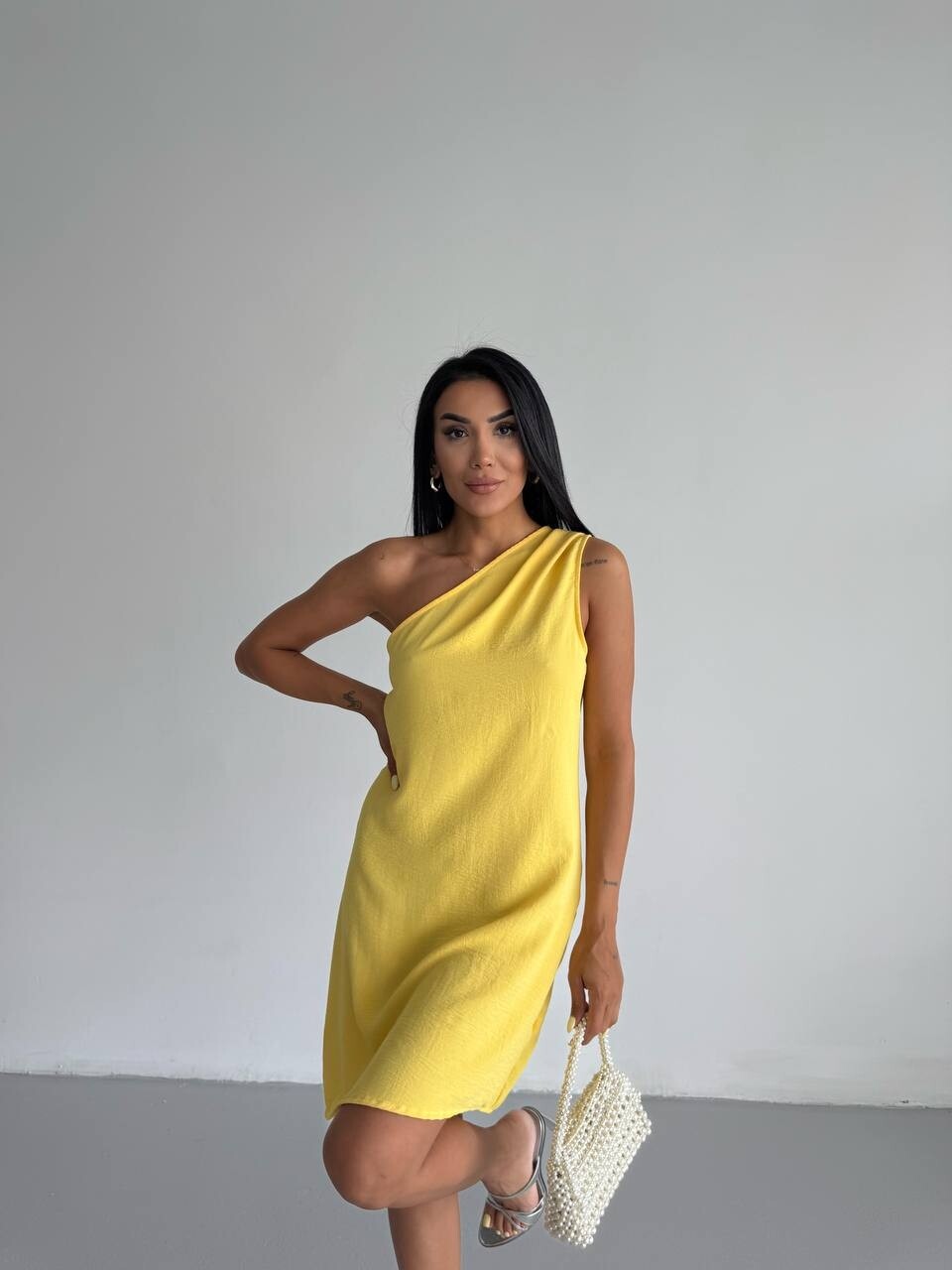 Tek Omuz Ayrobin Kumaş Elbise Sarı