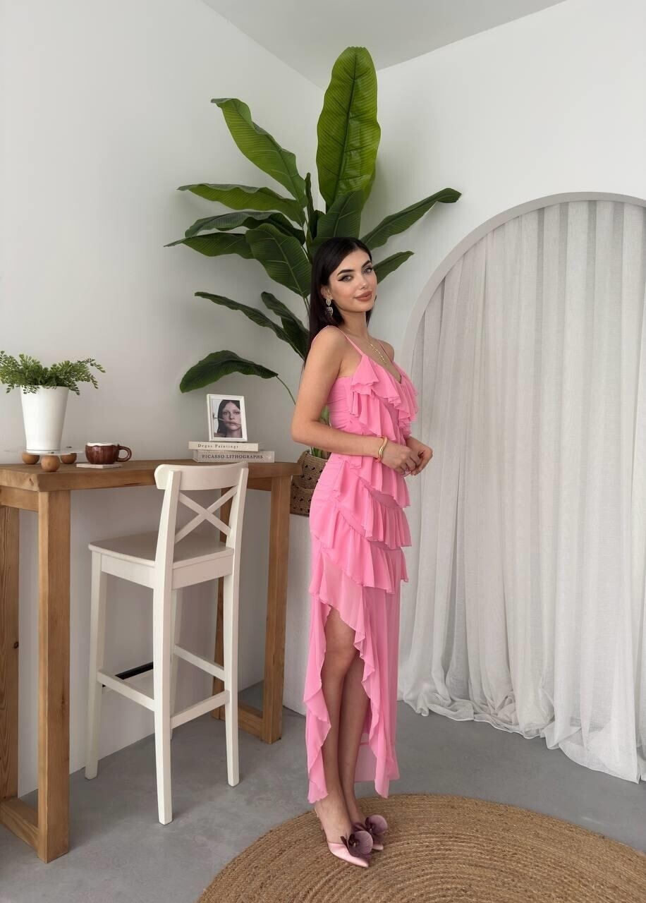 Yırtmaç Detaylı Elbise Pembe