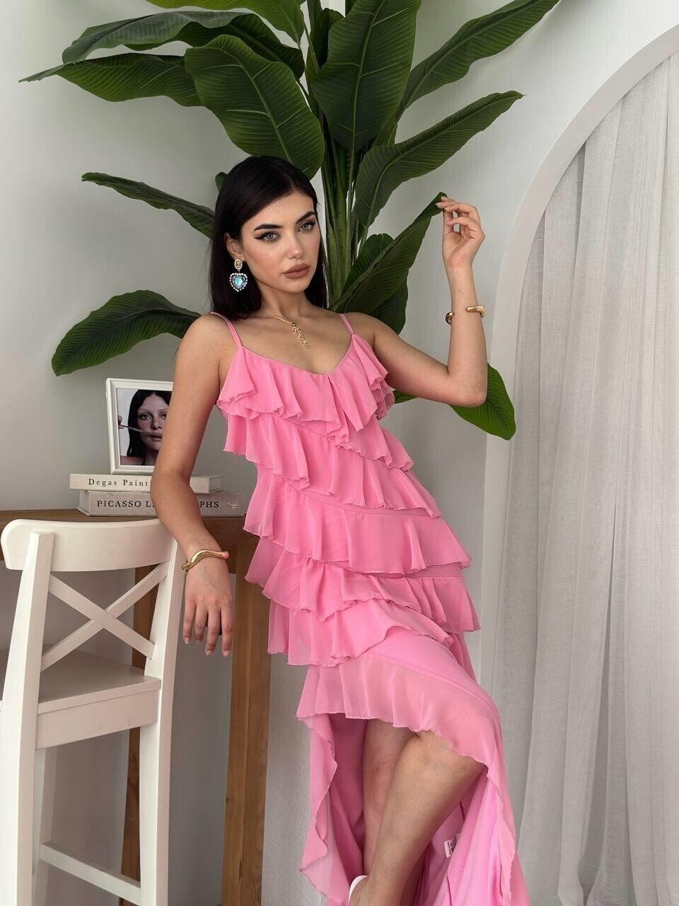 Yırtmaç Detaylı Elbise Pembe