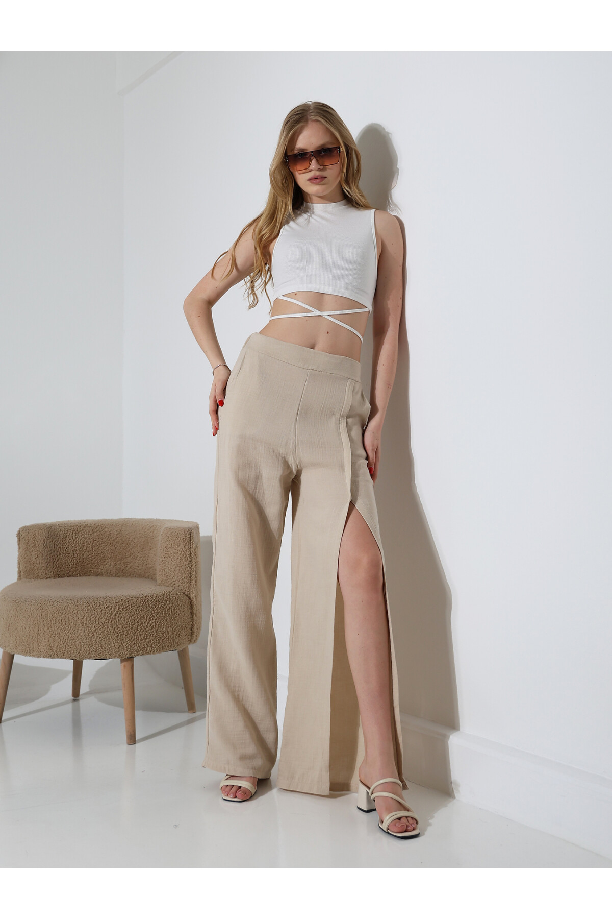 Yırtmaçlı Müslin Pantalon Bej