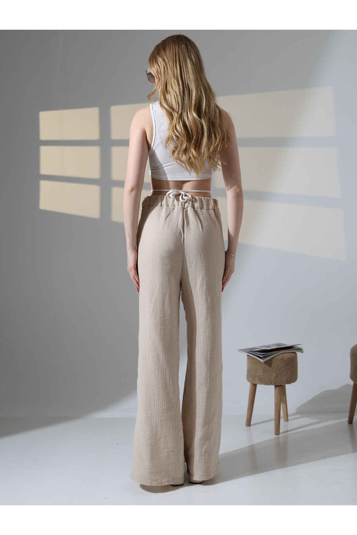 Yırtmaçlı Müslin Pantalon Bej