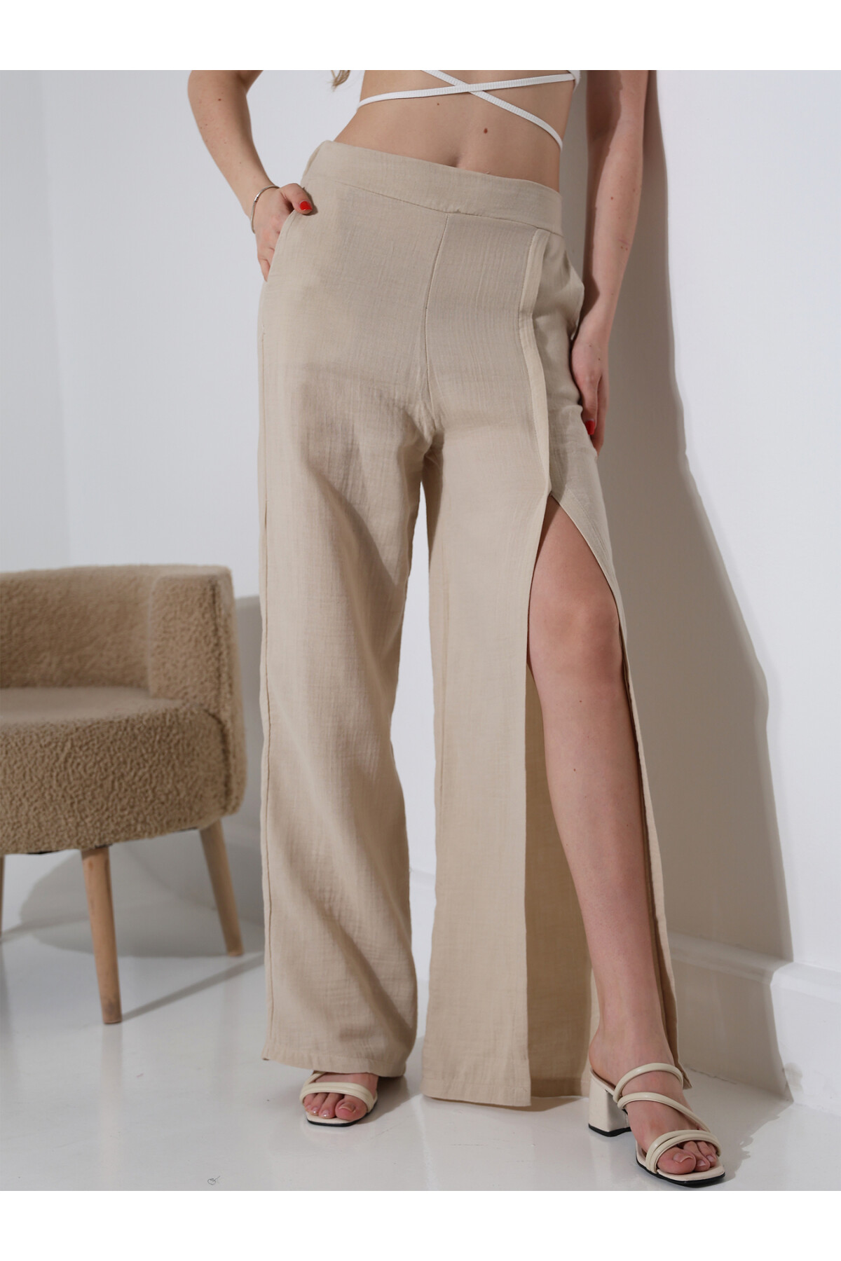 Yırtmaçlı Müslin Pantalon Bej