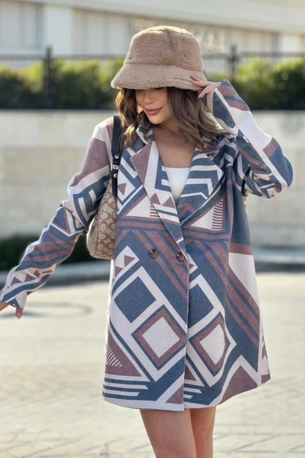 Desenli Kruvaze Yaka Kaşe Kaban