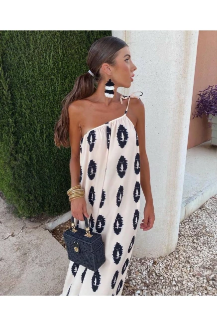 Desenli Tek Omuz Detay Elbise 