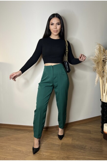 Dikiş Detay Fermuarlı Cepli Yüksek Bel Pantolon