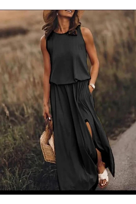 Yırtmaç Detaylı Kolsuz Elbise