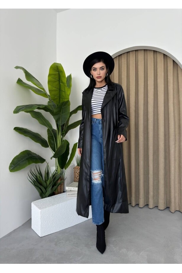 Bel Bağlama Uzun Deri Ceket