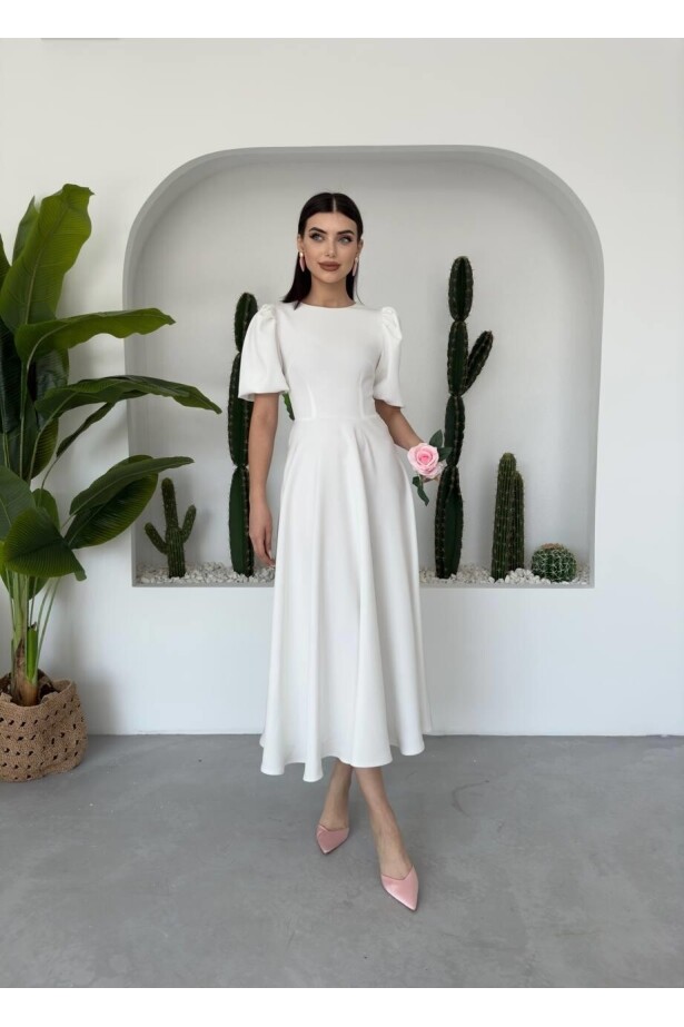 Beyaz Balon Kol Elbise