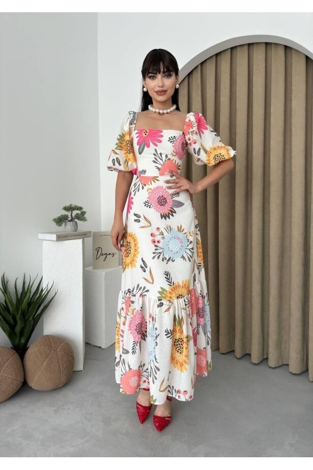 Çiçek Desenli Keten Elbise