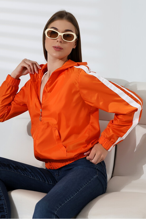 Çizgili Kapşonlu Mevsimlik Mont Turuncu