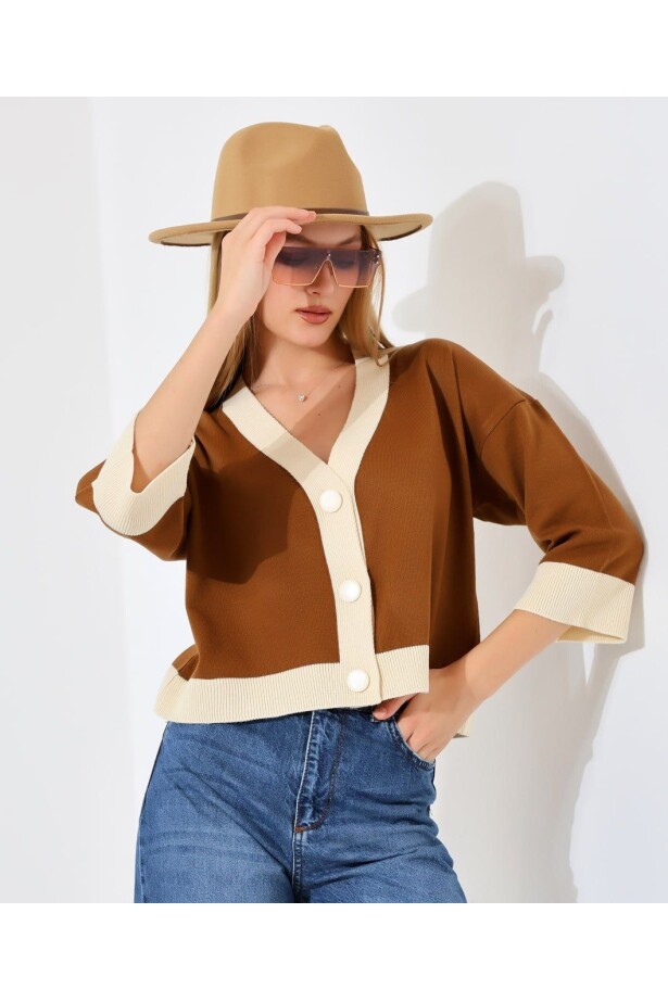 Crop Düğmeli Triko Hırka Camel