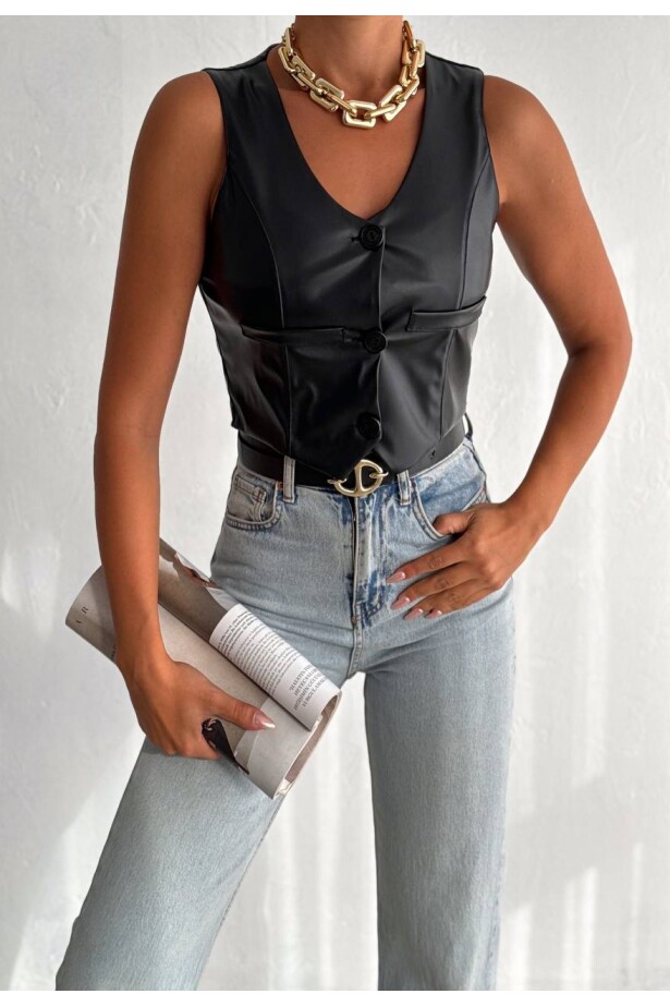 Deri Düğmeli Yelek Siyah